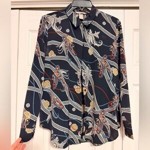 H&M Navy Multicolor Paisley Button Down Shirt